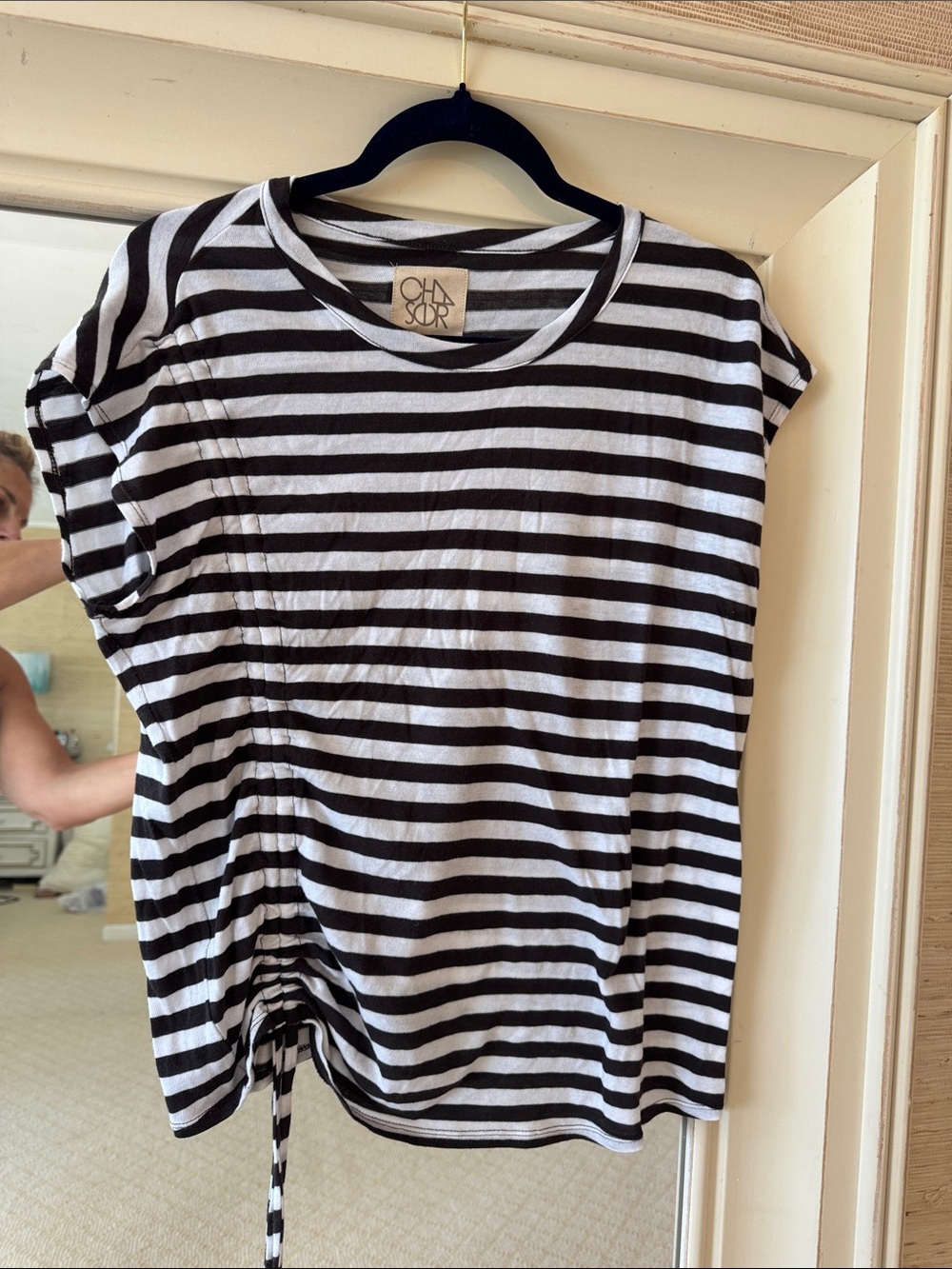 Chaser Black & White Striped Short Sleeve Side-Tie Top